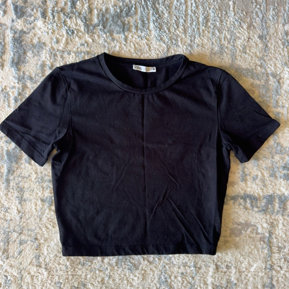 Zara Black Short Sleeve Crewneck Crop Top